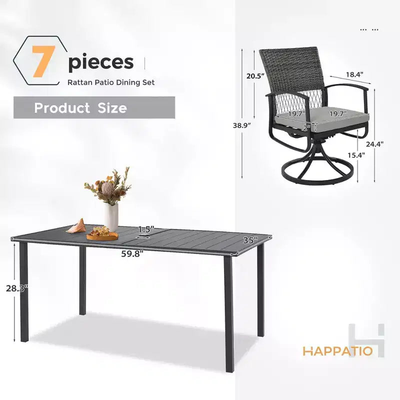 HAPPATIO Ensemble de salle à manger en rotin, ensemble de salle à manger extérieur avec chaises pivotantes, table à manger revêtue de poudre avec trou pour parasol pour jardin, cour