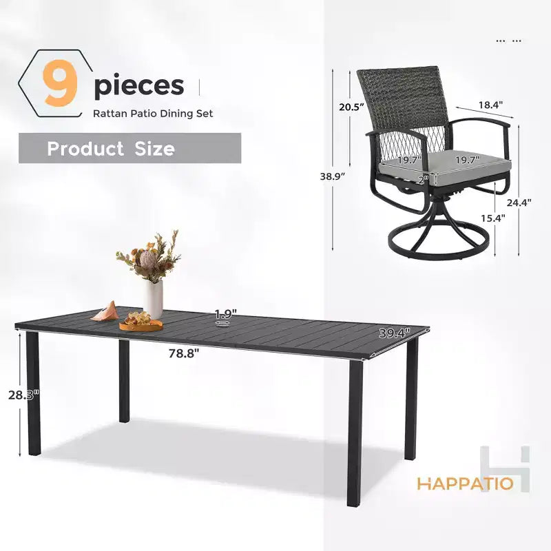 HAPPATIO Ensemble de salle à manger en rotin, ensemble de salle à manger extérieur avec chaises pivotantes, table à manger revêtue de poudre avec trou pour parasol pour jardin, cour