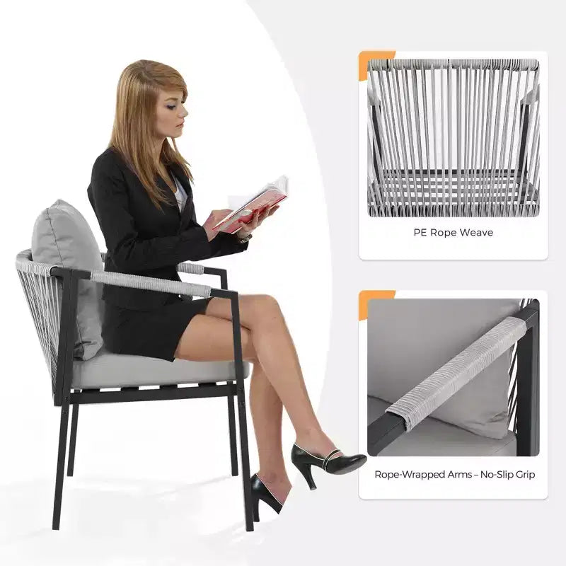 Ensemble de salle à manger de patio HAPPATIO, ensemble de salle à manger d'extérieur en rotin tressé, chaises en corde tressée avec coussins pour pelouse et jardin