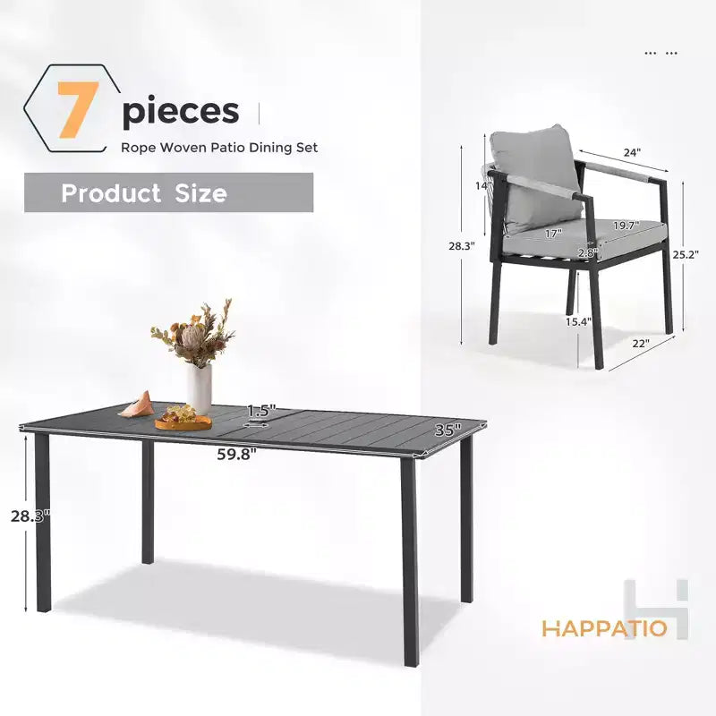 Ensemble de salle à manger de patio HAPPATIO, ensemble de salle à manger d'extérieur en rotin tressé, chaises en corde tressée avec coussins pour pelouse et jardin