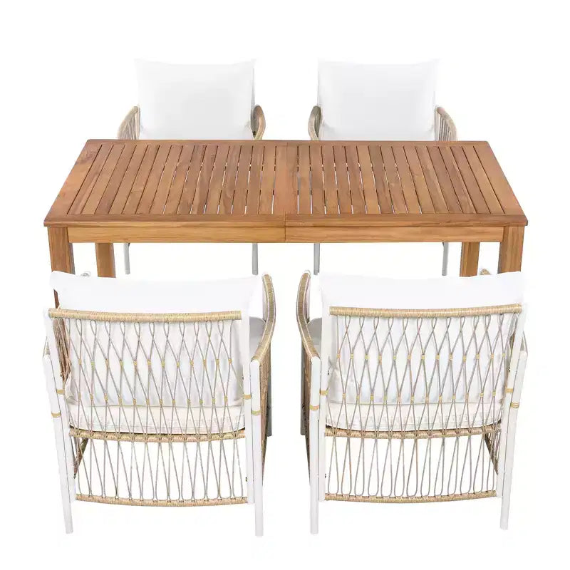 GDFStudio Nicolas – Ensemble de salle à manger 5 pièces en bois et métal avec 4 fauteuils en rotin tressé