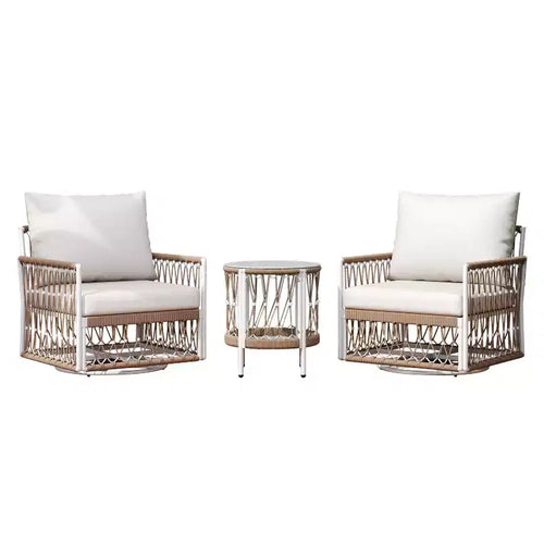 Ensemble de jardin bohème 3 pièces avec 2 chaises longues et une table d'appoint, en corde tressée, pour patio