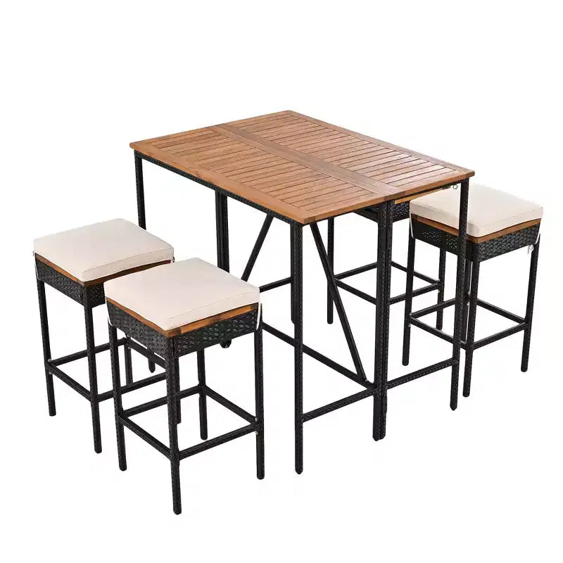 GDFStudio Mason Patio Modern 5-Piece Acacia Wood and PE Rattan Wicker Bar Height Dining Set with Cushioned Stools