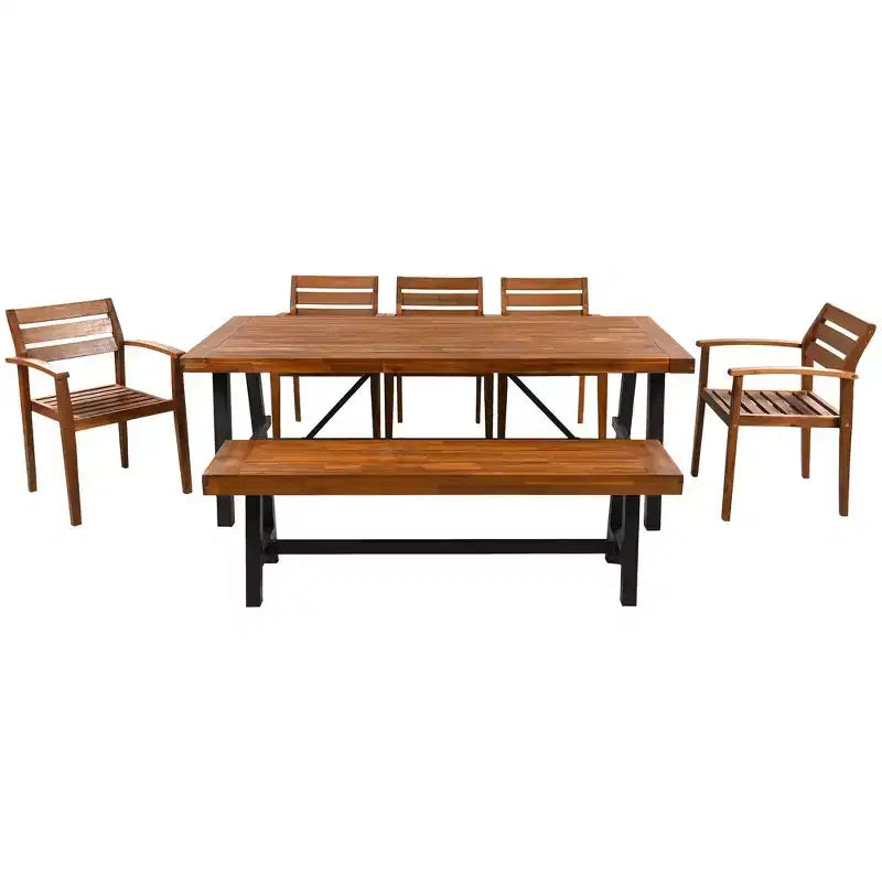 Whisen 7-piece Rustic Wood Outdoor Dining Set - Seats 8, Patio Furniture Set with Removable Cushions, Chairs and Bench, Weather Resistant - Natural