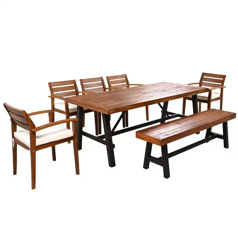 Whisen 7-piece Rustic Wood Outdoor Dining Set - Seats 8, Patio Furniture Set with Removable Cushions, Chairs and Bench, Weather Resistant - Natural