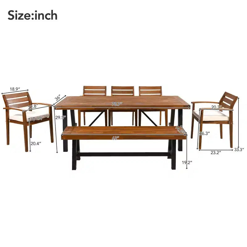 Whisen 7-piece Rustic Wood Outdoor Dining Set - Seats 8, Patio Furniture Set with Removable Cushions, Chairs and Bench, Weather Resistant - Natural