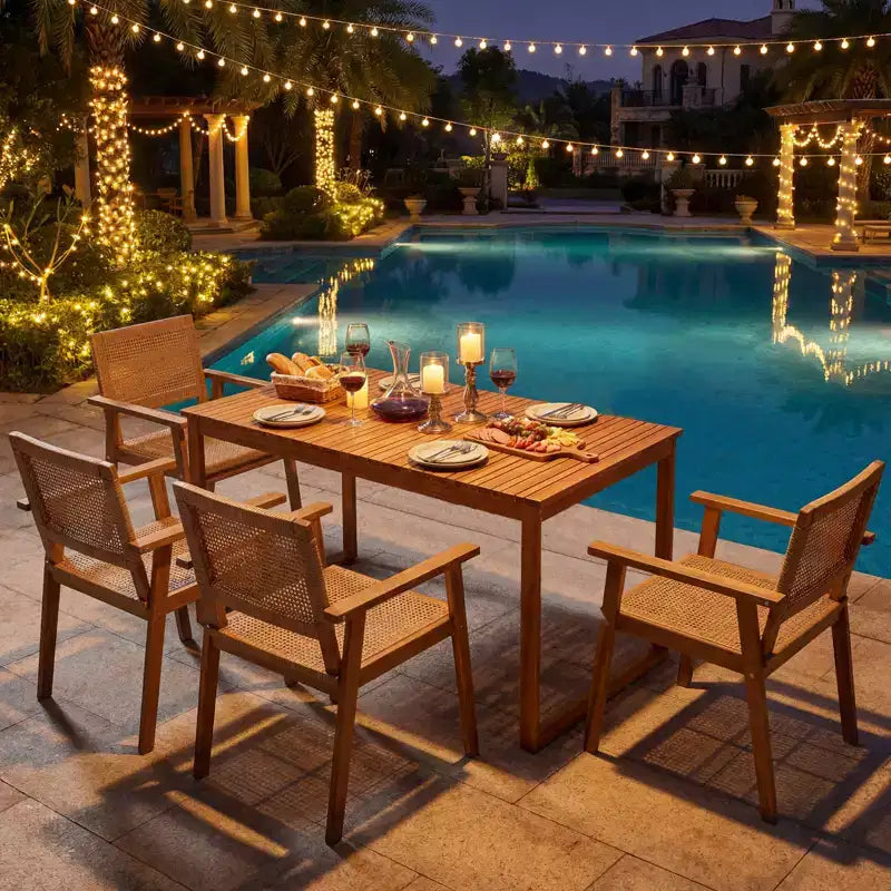 Gymax 5PCS Acacia Wood Dining Set Outdoor Table & Rattan Chairs for Balcony Poolside