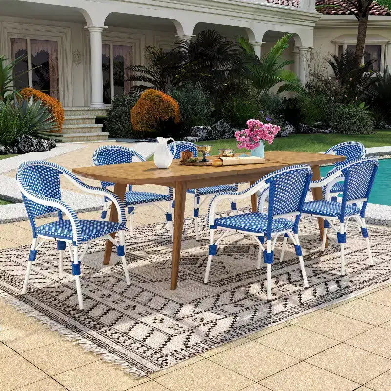 Christopher Knight Home Natacha 7 Piece French PE Rattan Outdoor Dining Set with Acacia Wood Extendable Dining Table