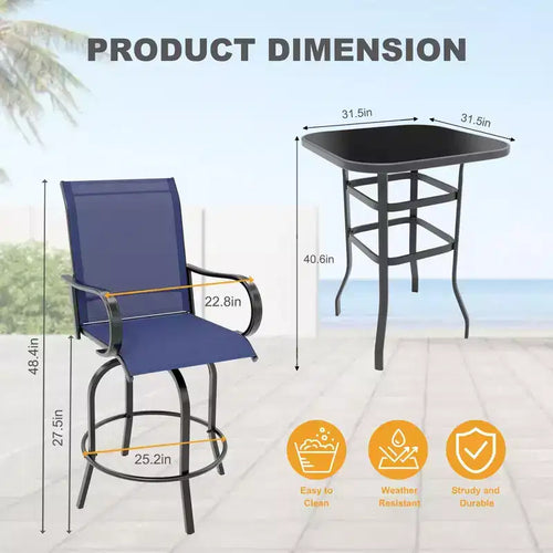 Ensemble de mobilier de bar de jardin 5 pièces avec tabourets pivotants, table à plateau en verre Textilène bleu, ensemble de chaises de bar pivotantes hautes en textilène résistant aux intempéries