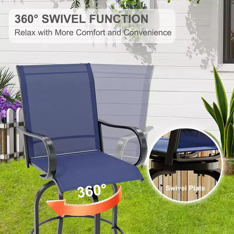 Ensemble de mobilier de bar de jardin 5 pièces avec tabourets pivotants, table à plateau en verre Textilène bleu, ensemble de chaises de bar pivotantes hautes en textilène résistant aux intempéries