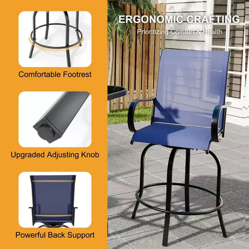 Ensemble de mobilier de bar de jardin 5 pièces avec tabourets pivotants, table à plateau en verre Textilène bleu, ensemble de chaises de bar pivotantes hautes en textilène résistant aux intempéries