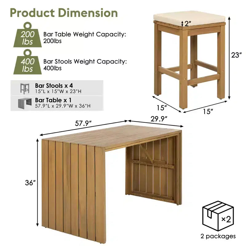 Ensemble de meubles de patio extérieur 5 pièces Whisen en bois d'acacia avec table de bar, 4 tabourets et coussins