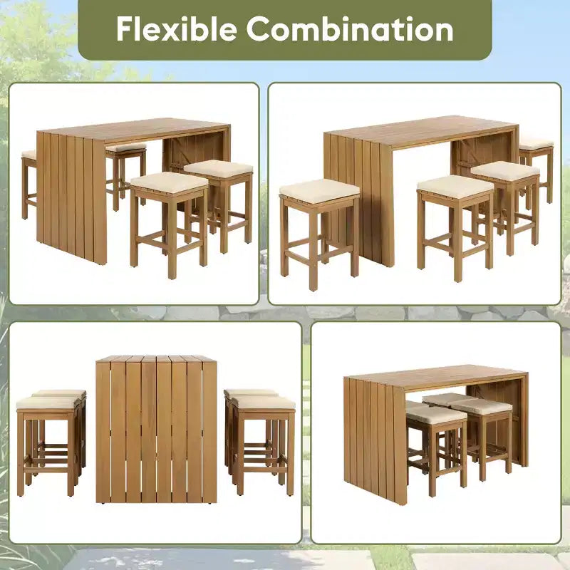 Ensemble de meubles de patio extérieur 5 pièces Whisen en bois d'acacia avec table de bar, 4 tabourets et coussins