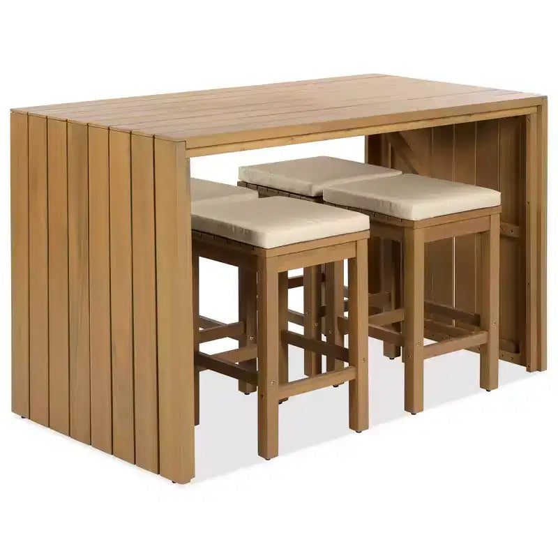 Ensemble de meubles de patio extérieur 5 pièces Whisen en bois d'acacia avec table de bar, 4 tabourets et coussins