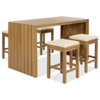 Ensemble de meubles de patio extérieur 5 pièces Whisen en bois d'acacia avec table de bar, 4 tabourets et coussins