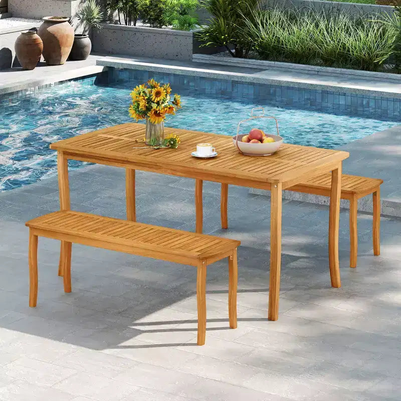 Gymax Ensemble repas d'extérieur 3 pièces pour 4 personnes Table et bancs en bois d'acacia pour terrasse