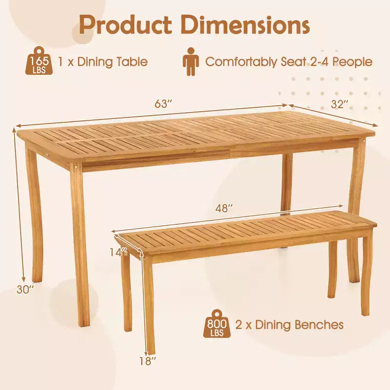 Gymax Ensemble repas d'extérieur 3 pièces pour 4 personnes Table et bancs en bois d'acacia pour terrasse