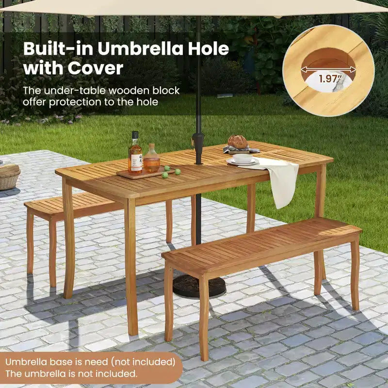 Gymax Ensemble repas d'extérieur 3 pièces pour 4 personnes Table et bancs en bois d'acacia pour terrasse