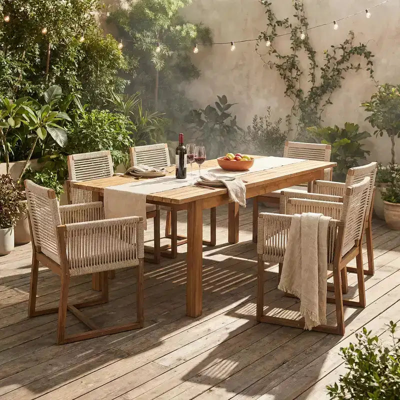 Ensemble de salle à manger d'extérieur rustique 7 pièces Christopher Knight Home Sarene en bois d'acacia avec corde tressée à la main