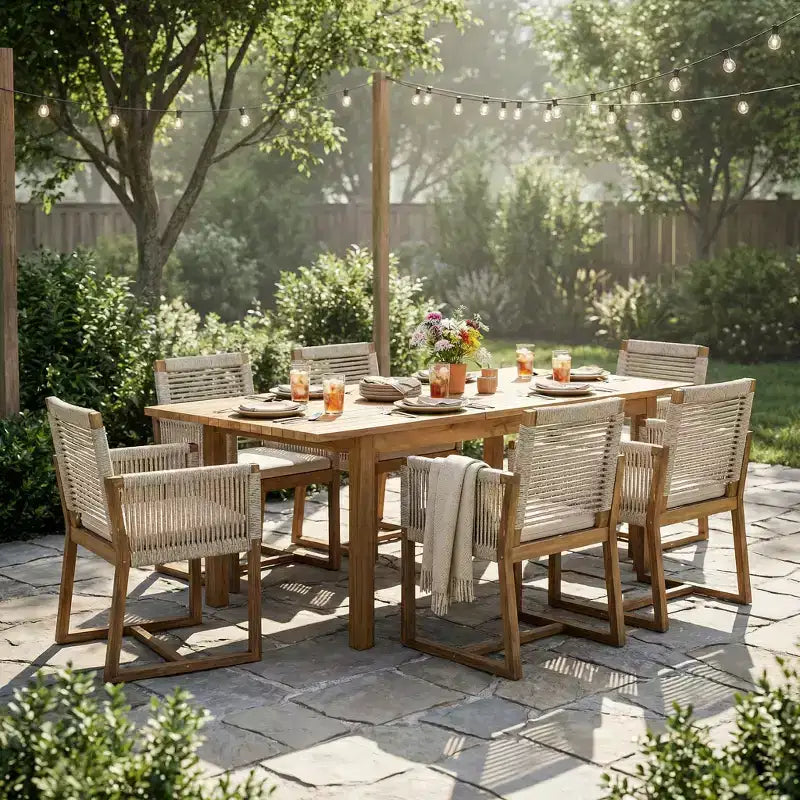 Christopher Knight Home Sarene Set da Pranzo Rustico da Esterno 7 Pezzi in Legno di Acacia con Corda Intrecciata a Mano