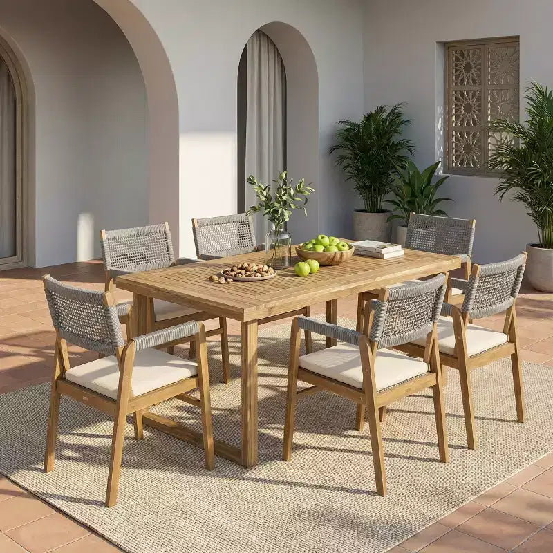 Ensemble de salle à manger d'extérieur 7 pièces Beryle en bois d'acacia et corde avec coussins par Christopher Knight Home