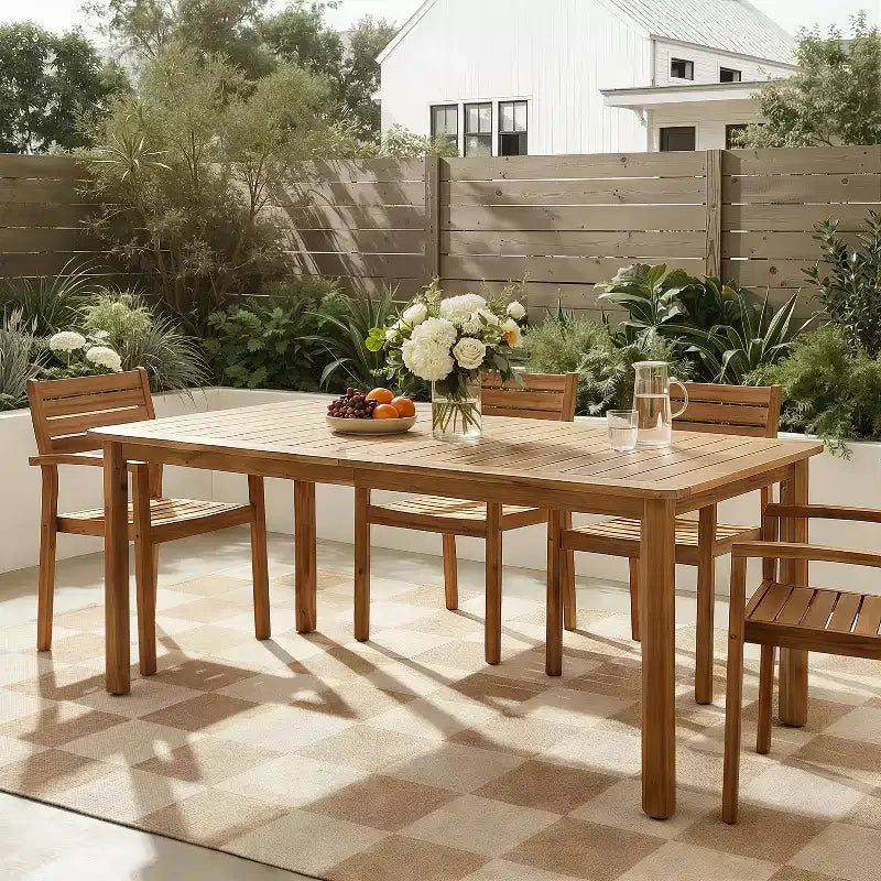 Christopher Knight Home Nadi Farmhouse Acacia Wood Upholstered Dining Set with 6 Wicker Backrest Chairs and Slatted Tabletop