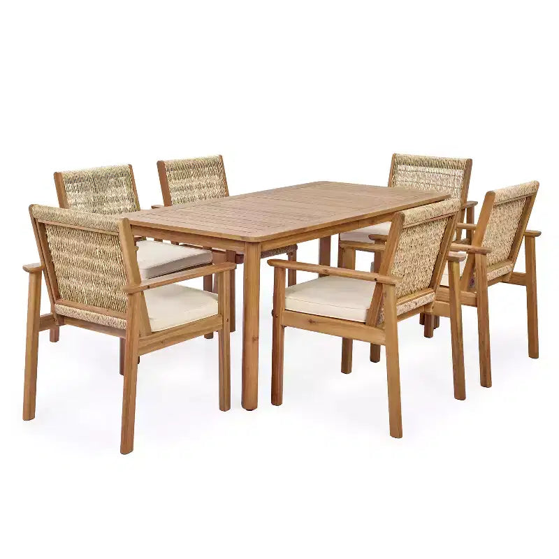 Christopher Knight Home Nadi Farmhouse Acacia Wood Upholstered Dining Set with 6 Wicker Backrest Chairs and Slatted Tabletop