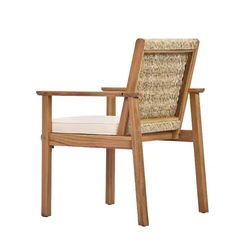 Christopher Knight Home Nadi Farmhouse Acacia Wood Upholstered Dining Set with 6 Wicker Backrest Chairs and Slatted Tabletop