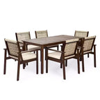 Christopher Knight Home Nadi Farmhouse Acacia Wood Upholstered Dining Set with 6 Wicker Backrest Chairs and Slatted Tabletop