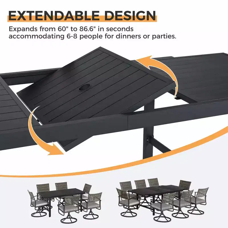HAPPATIO Outdoor Expandable Dining Table, Aluminum Patio Dining Table for 4-8 Person, Powder-Coated Rectangular Table with Umbrella Hole