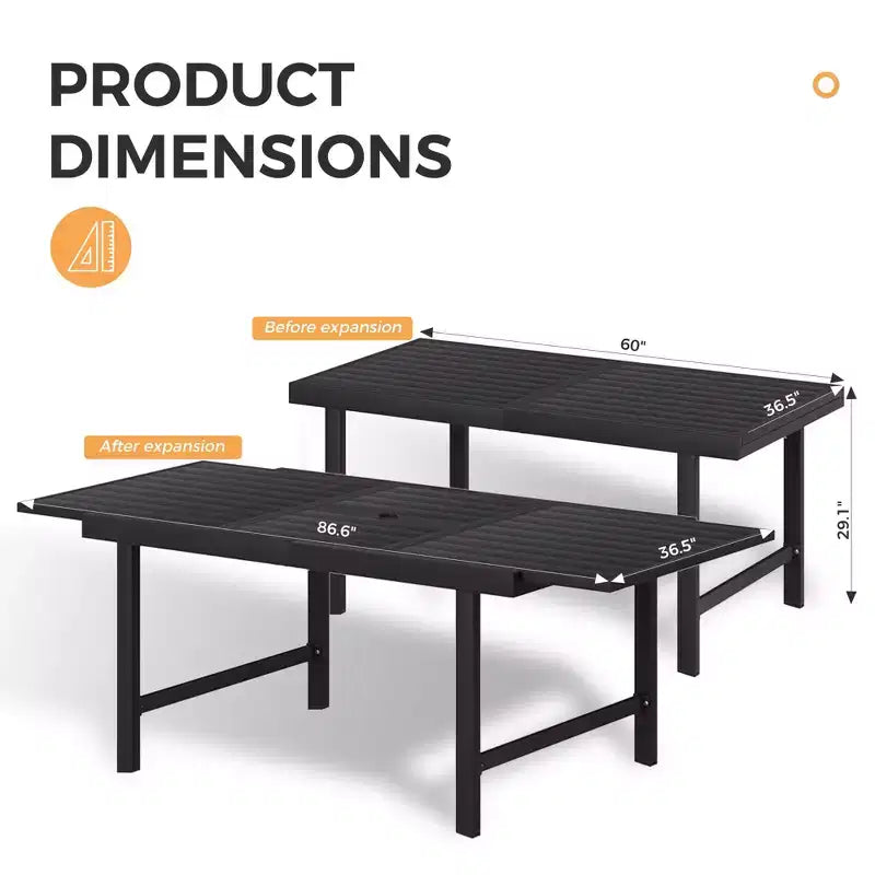 HAPPATIO Outdoor Expandable Dining Table, Aluminum Patio Dining Table for 4-8 Person, Powder-Coated Rectangular Table with Umbrella Hole