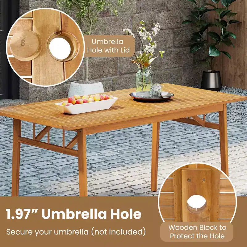 Ensemble de salle à manger 7 pièces Gymax en bois d'acacia pour terrasse avec trou pour parasol de 5 cm et coussins pour jardin