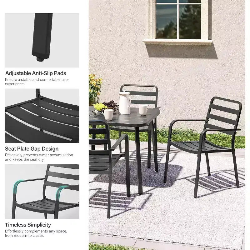 LAUSAINT HOME 5 Pieces Outdoor Dining Sets for 4, 35'' Black Metal Square Table with 1.5'' Umbrella Hole and 4 Stackable