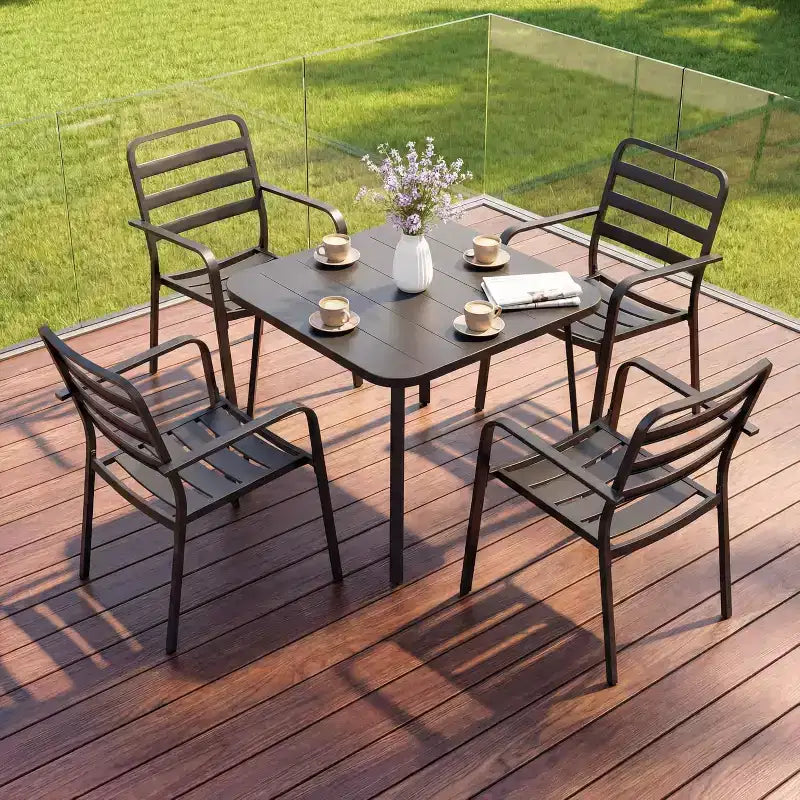 LAUSAINT HOME 5 Pieces Outdoor Dining Sets for 4, 35'' Black Metal Square Table with 1.5'' Umbrella Hole and 4 Stackable