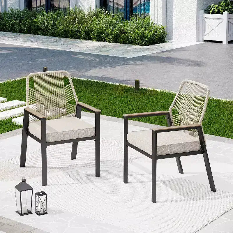 Captiva Designs - Table à manger extensible en acier 7 pièces et chaises pivotantes en osier avec coussins épais pour patio