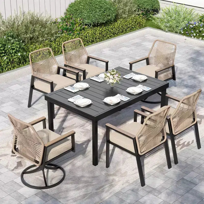 Captiva Designs - Table à manger extensible en acier 7 pièces et chaises pivotantes en osier avec coussins épais pour patio