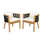 ModernLuxe Acacia Wood Patio Dining Set, Outdoor Dining Table and 4 Woven Rope Armchairs with Cream Cushions, Teak+Black