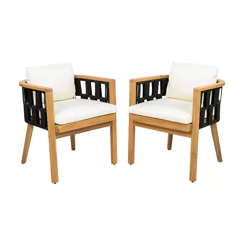 ModernLuxe Acacia Wood Patio Dining Set, Outdoor Dining Table and 4 Woven Rope Armchairs with Cream Cushions, Teak+Black