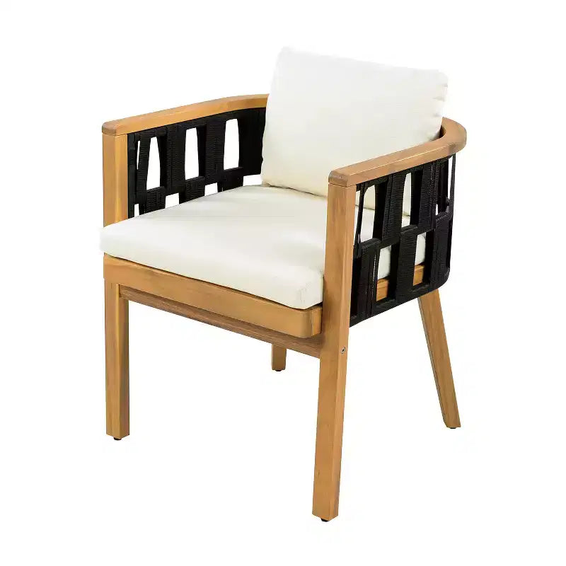 ModernLuxe Acacia Wood Patio Dining Set, Outdoor Dining Table and 4 Woven Rope Armchairs with Cream Cushions, Teak+Black