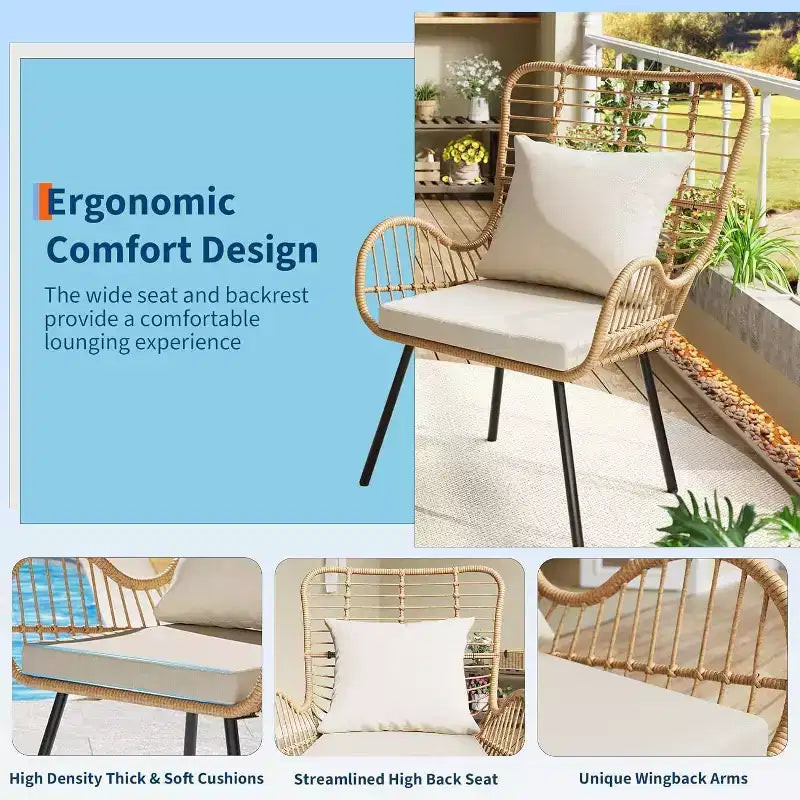 Wicker Patio Chairs Set of 4, Outdoor Rattan Furniture with Cushions & Pillows, Boho Patio Chairs for Porch, Garden, All-Weather, Easy Assembly