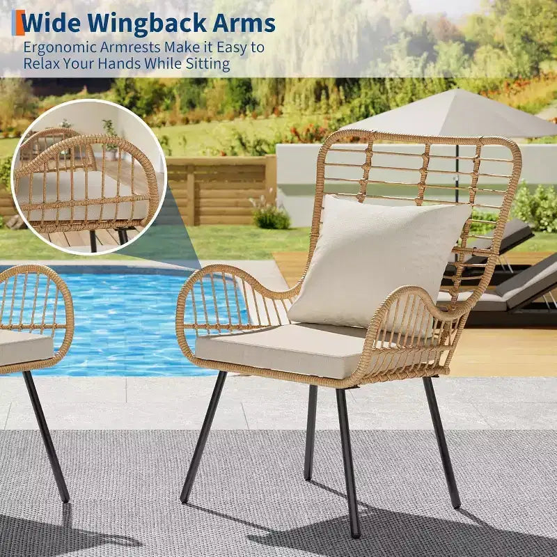 Wicker Patio Chairs Set of 4, Outdoor Rattan Furniture with Cushions & Pillows, Boho Patio Chairs for Porch, Garden, All-Weather, Easy Assembly