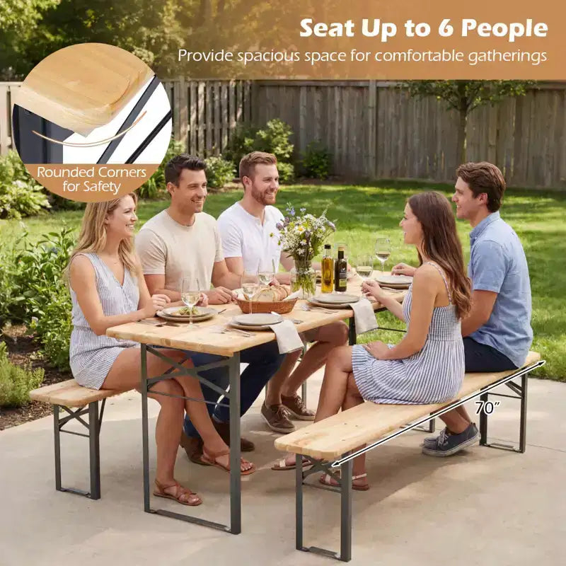 Costway 3-Piece Folding Picnic Table with Benches for 6,Fir Wood&Metal Frame for Patio