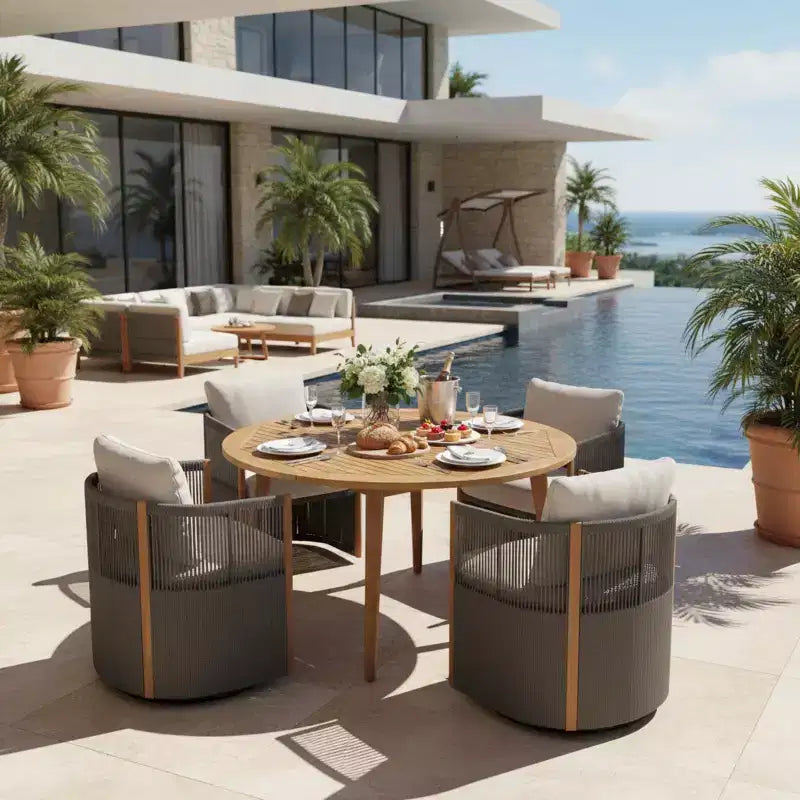 Christopher Knight Home Oliver Outdoor Patio 5-Piece Acacia Wood and Rope Swivel Dining Set with Cushions, Table and 4 Chairs