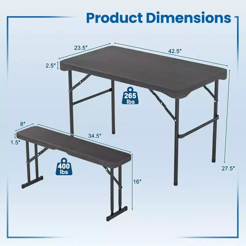 Costway Table et bancs d'extérieur pliants, ensemble de pique-nique avec 2 bancs et cadre en métal robuste