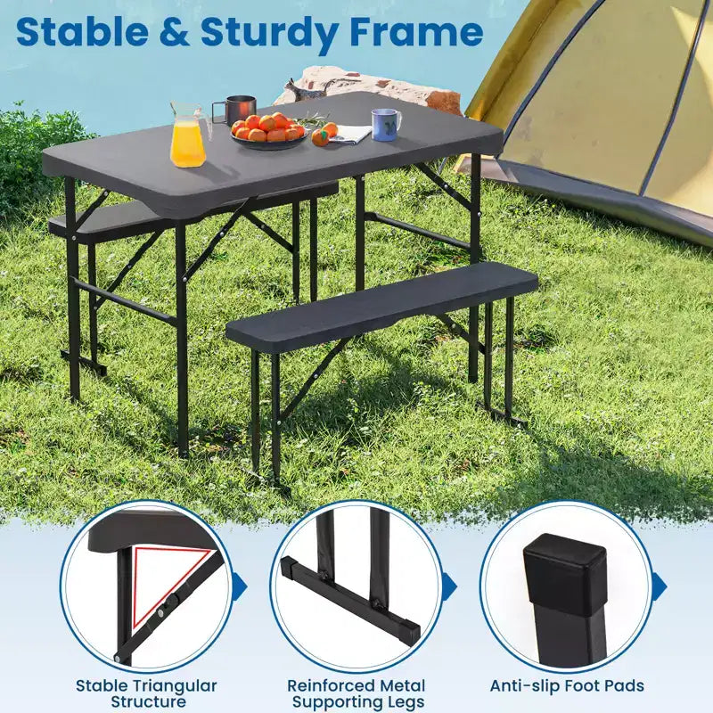 Costway Table et bancs d'extérieur pliants, ensemble de pique-nique avec 2 bancs et cadre en métal robuste