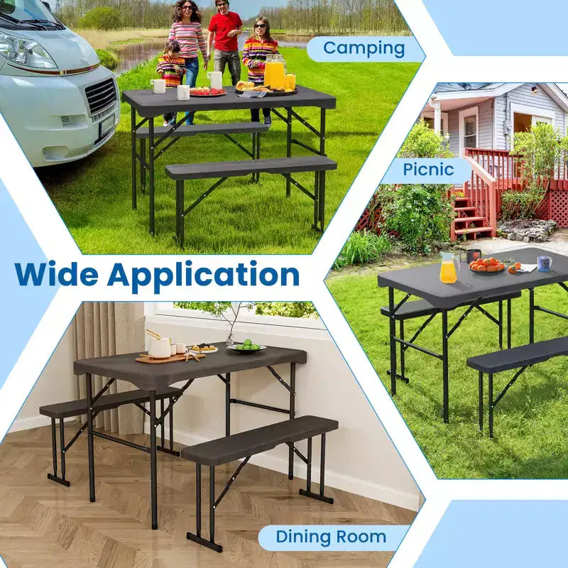 Costway Table et bancs d'extérieur pliants, ensemble de pique-nique avec 2 bancs et cadre en métal robuste