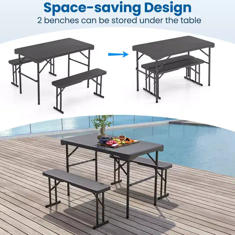 Costway Table et bancs d'extérieur pliants, ensemble de pique-nique avec 2 bancs et cadre en métal robuste