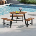 Table et bancs de pique-nique Costway 6 personnes en bois d'acacia avec 3 sièges, trou pour parasol et cadre en métal