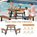 Table et bancs de pique-nique Costway 6 personnes en bois d'acacia avec 3 sièges, trou pour parasol et cadre en métal