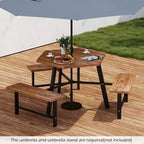 Table et bancs de pique-nique Costway 6 personnes en bois d'acacia avec 3 sièges, trou pour parasol et cadre en métal